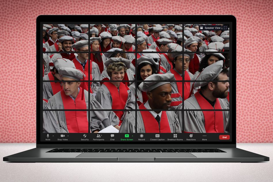 a laptop depicts a group of PhD graduates in regalia.
