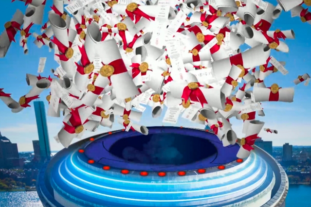 An animated image of diplomas bursting from the MIT Dome.