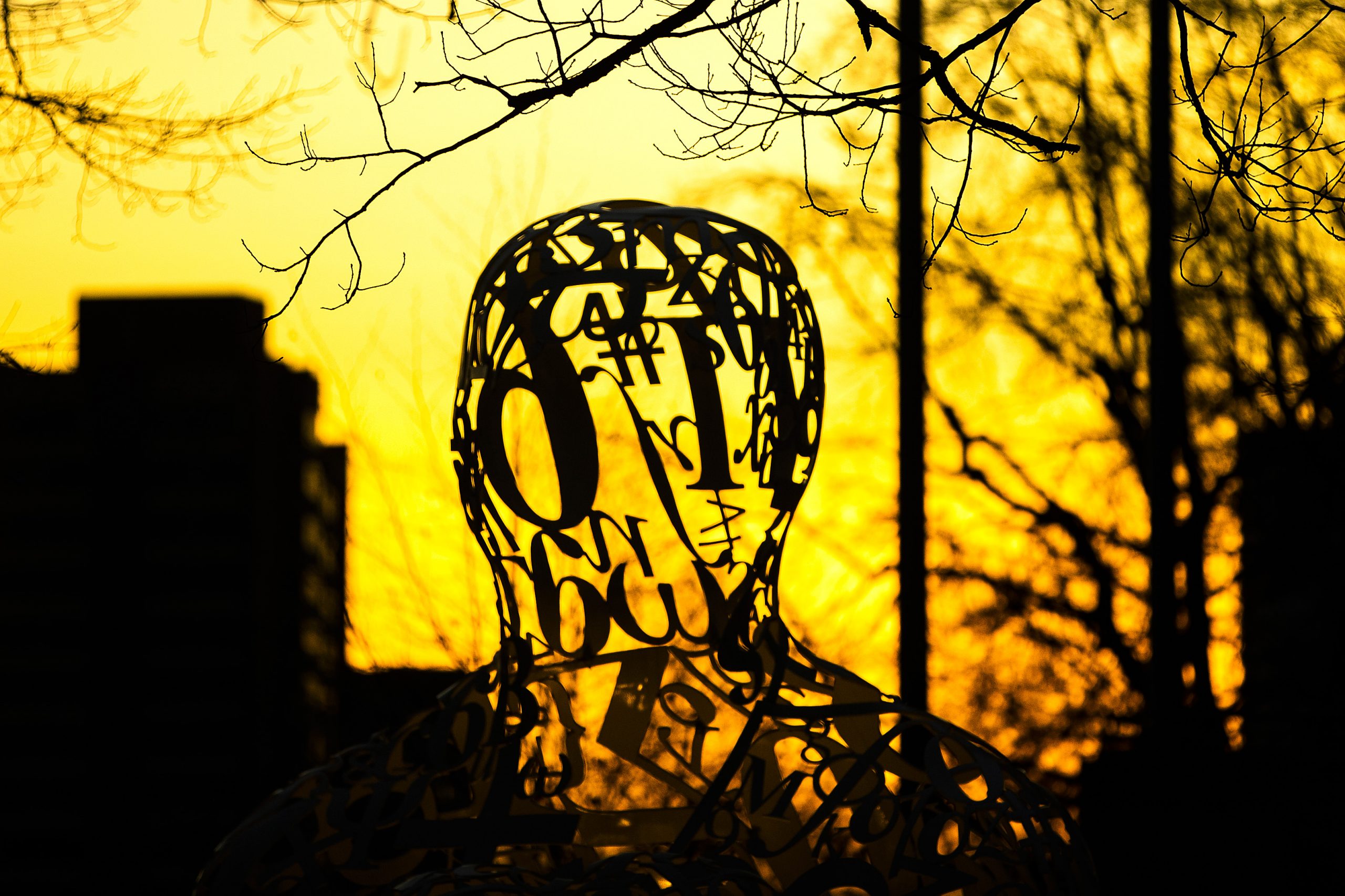 A silhouette of an art installation on MITs campus as the sun sets on December 15, 2020 in Cambridge, Massachusetts.