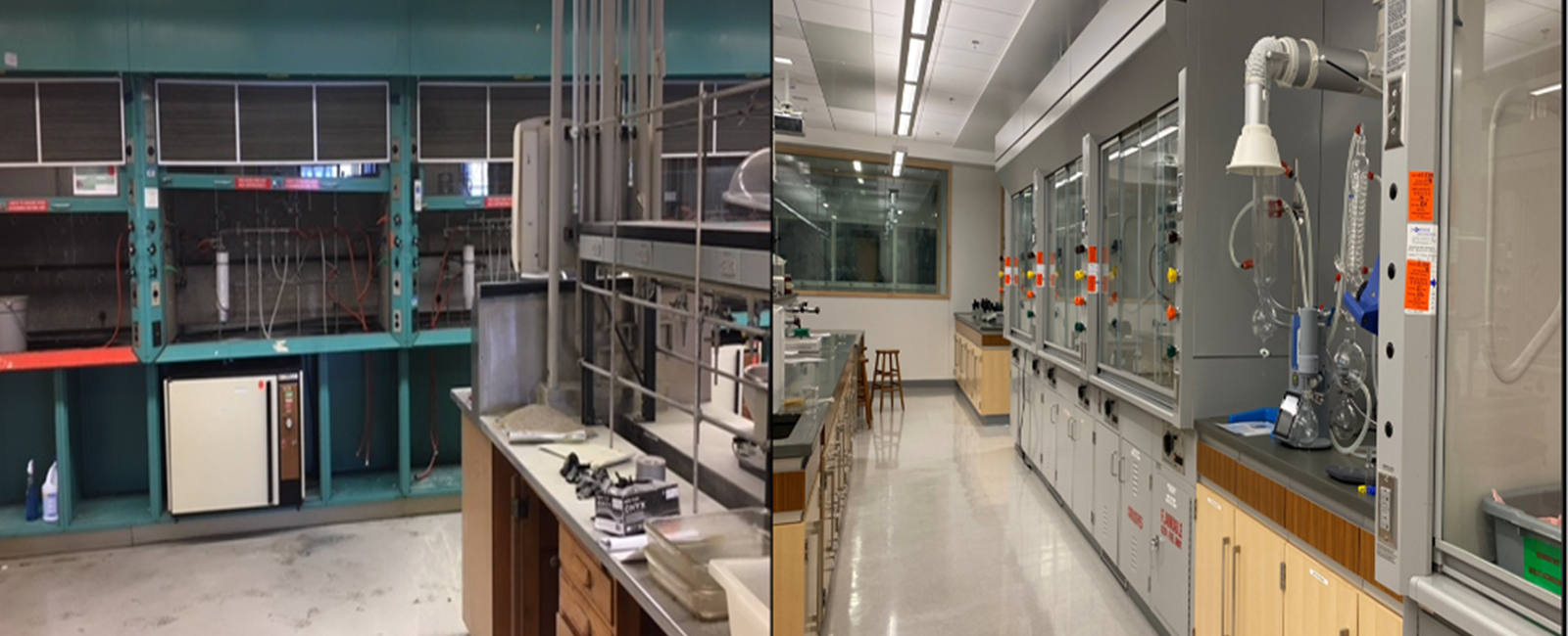 A split image depicting the old lab on the left and the new lab on the right.