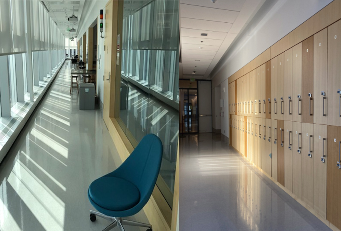 A photo of two empty, modern hallways.