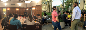 Two photos. On the left is a photo of a group of students of multiple ethnicities seated around a conference table in a wood paneled room. On the right, a diverse group of students gather and converse outdoors on the MIT campus.