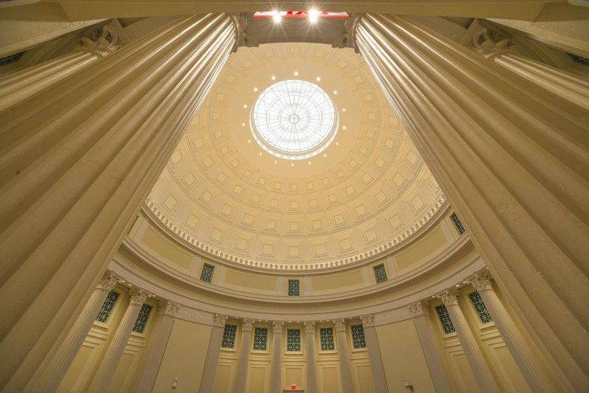 A view of the ceiling of the Barker Reading Room.