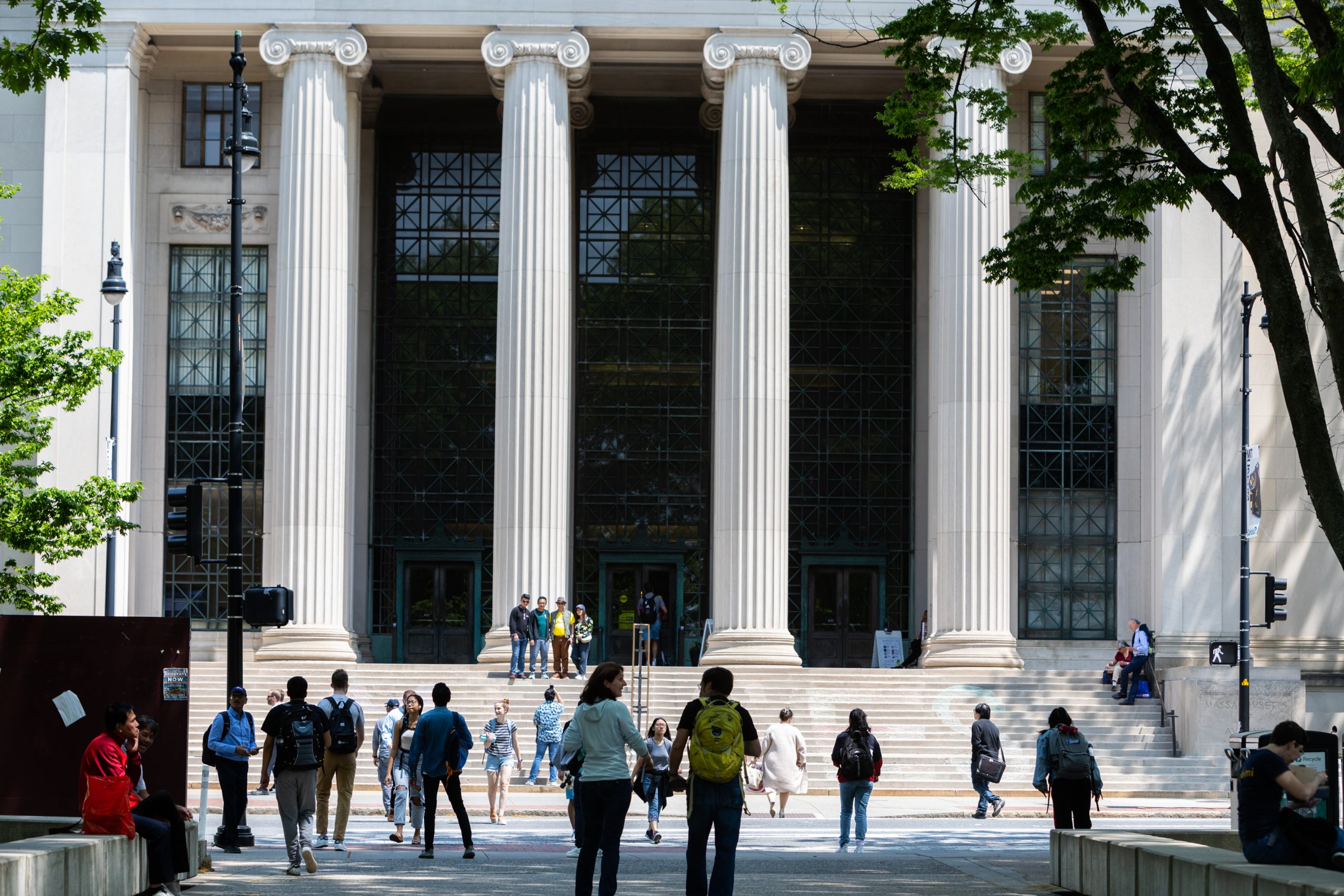 A photo of the white columns of MIT's main building on Massachusetts Ave in Cambridge