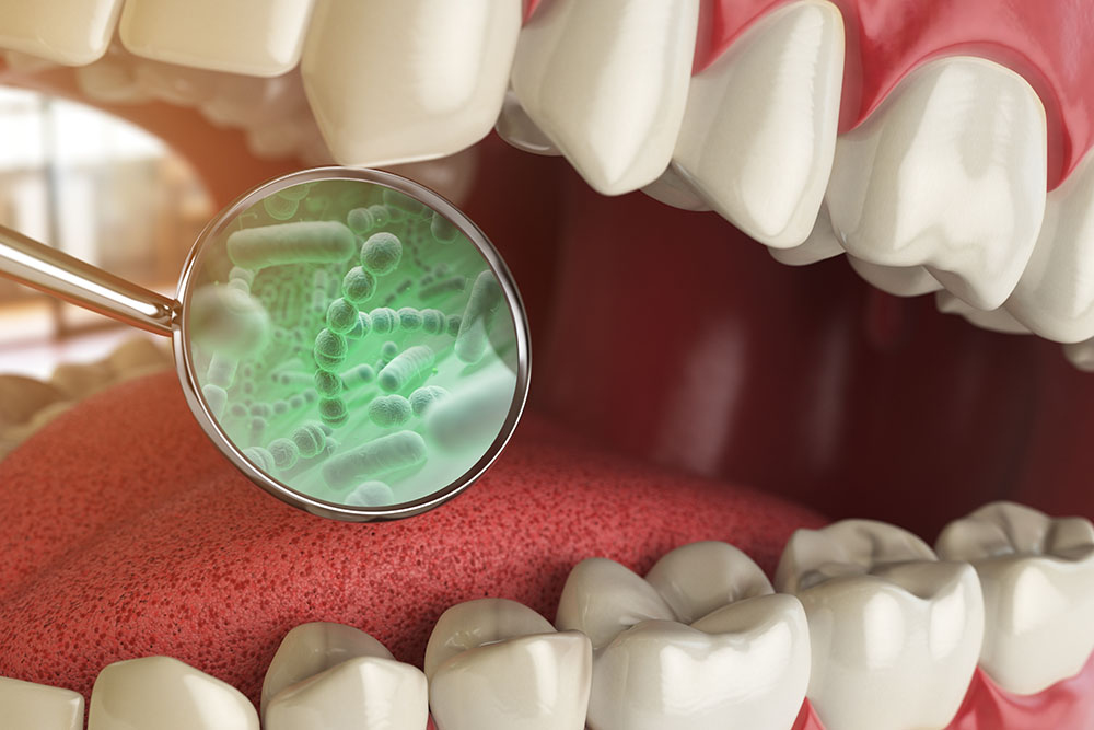 Bacterias and viruses around tooth. Dental hygiene medical concept. 3d illustration
