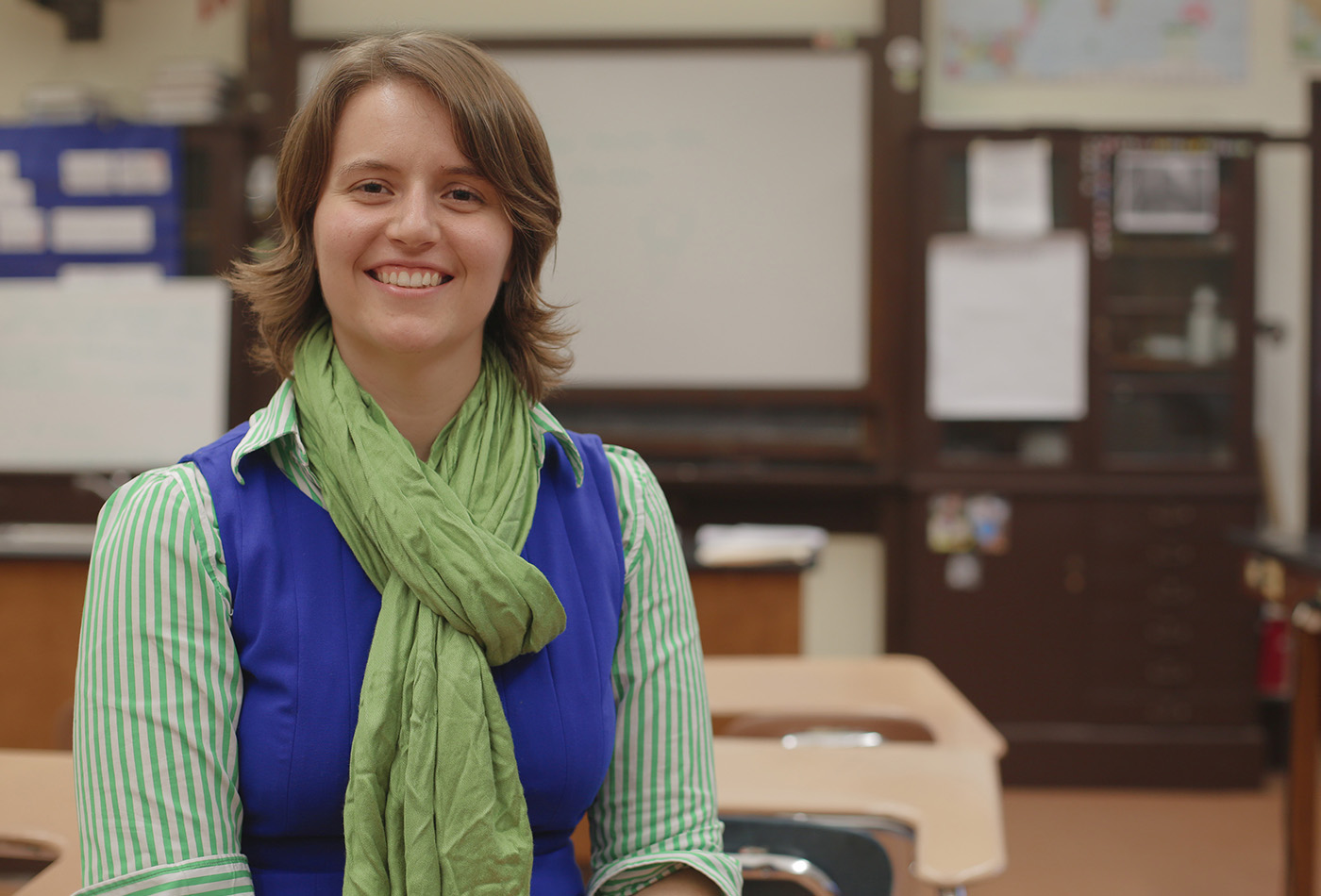 Shannon Morey smiles in her classroom.