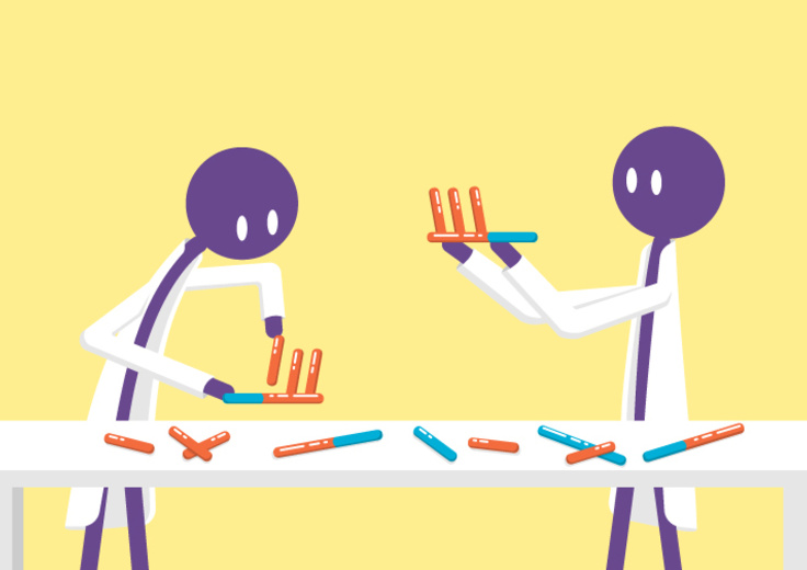 A cartoon of two stick figures holding vials.