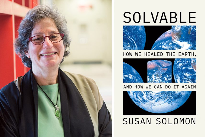 A photo of Susan Solomon beside the cover of her new book, entitled SOLVABLE.