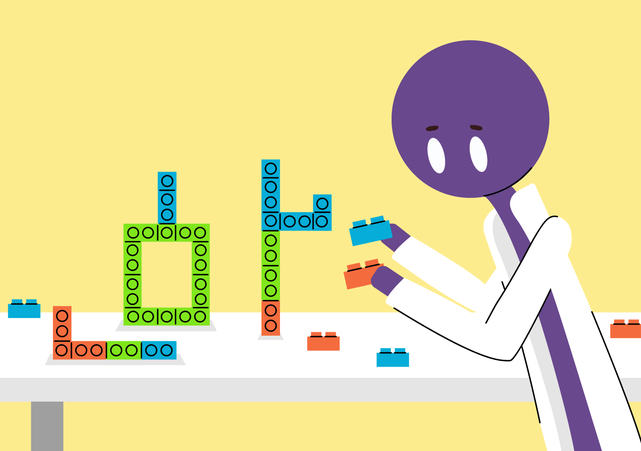 A cartoon scientist with a round, purple head and wearing a white lab coat assembles colorful LEGO-like blocks representing RNA at a table.