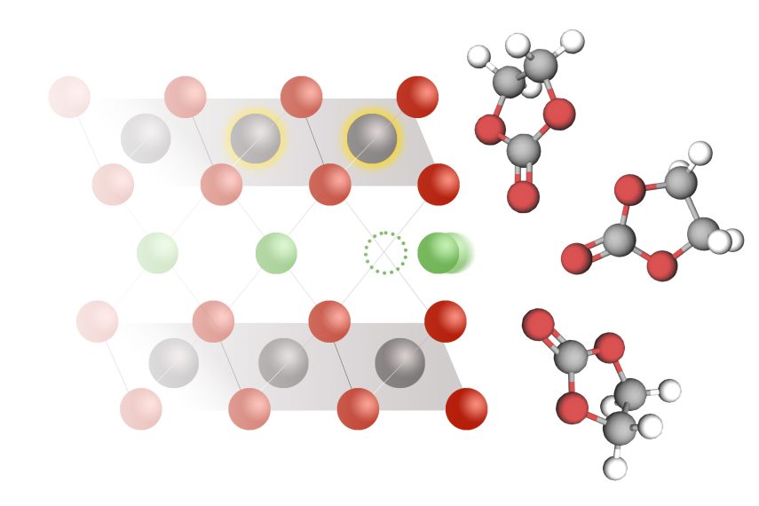 Lithium ions moving from an electrolyte solution to a cobalt oxide electrode.