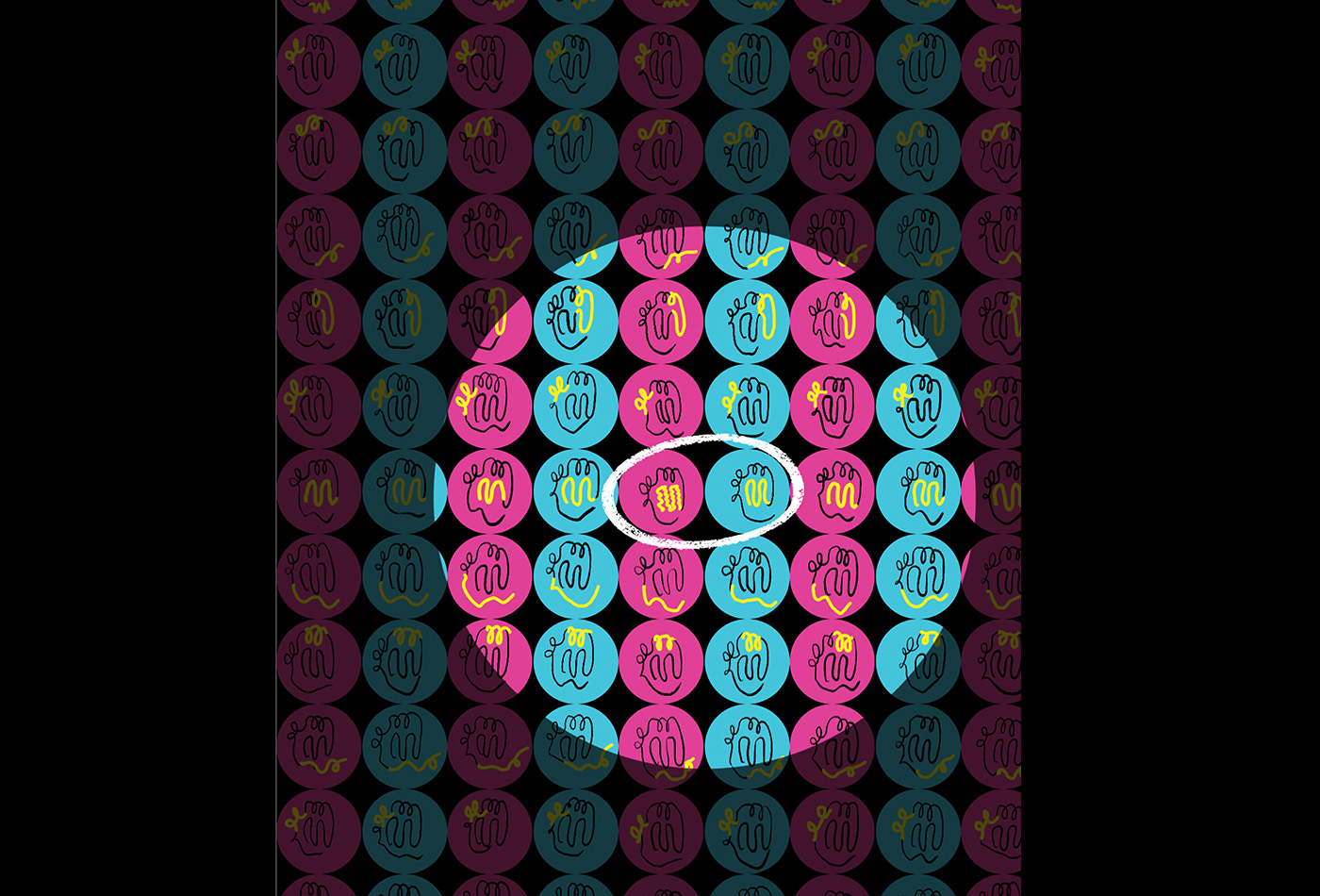 Rows and rows of pink and turquoise circles with sketches of variations of p53.