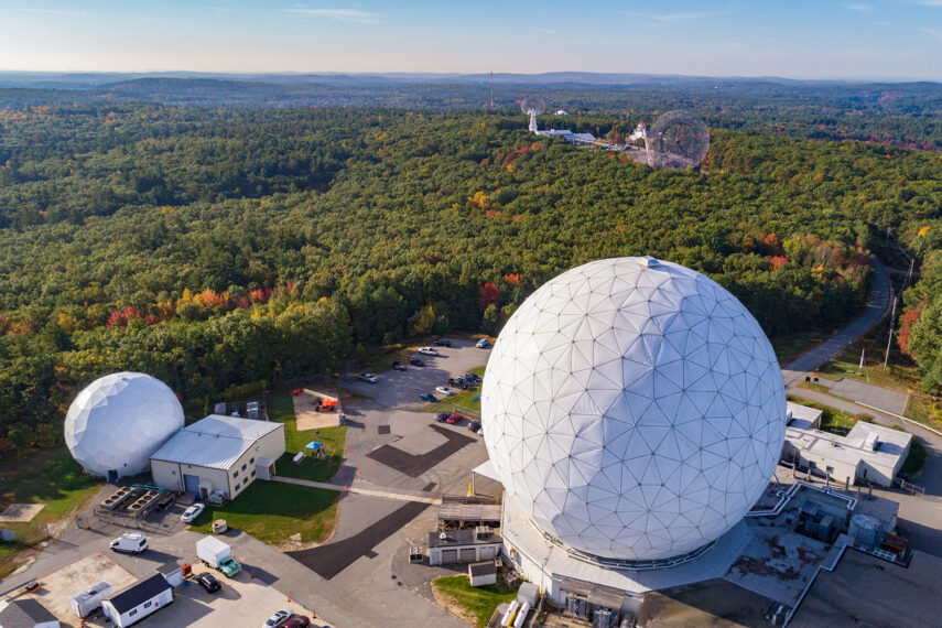 The Haystack 37m Telescope is contained in the large radome seen on the right, a structure that protects the telescope’s precision reflector from weather.