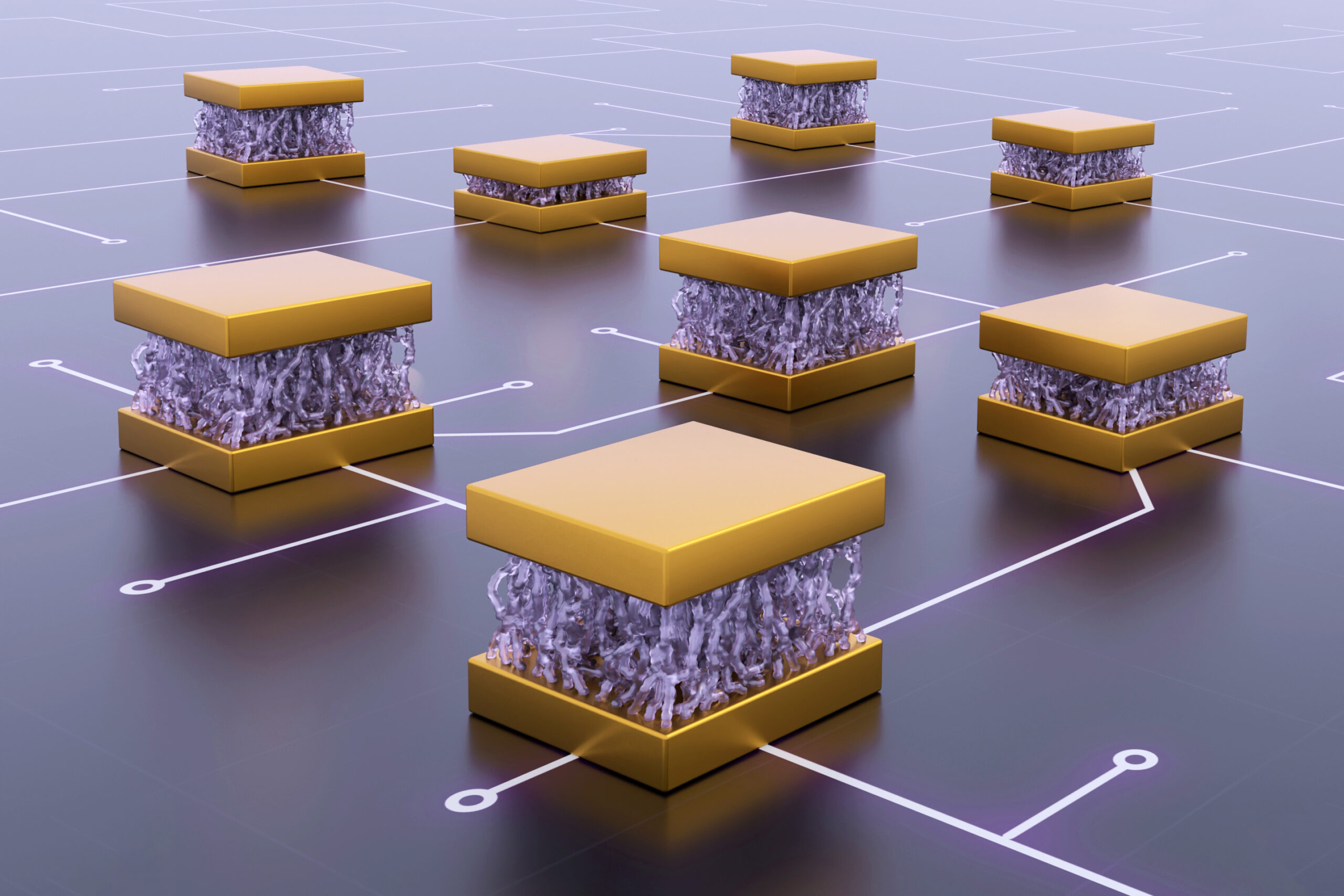 This illustration shows the nano-mechanical devices the researchers developed. Inspired by neurons, they can perform computing tasks with high energy efficiency.