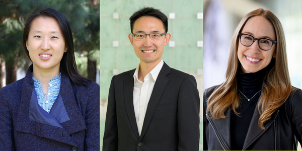 Three headshots of MIT faculty in a collage. Each person is standing in front of a blurred background.